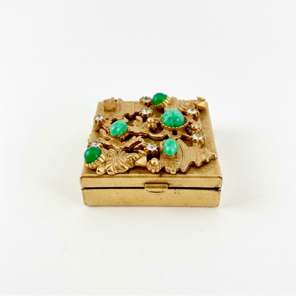 Vintage Brass Pill Box Chinese Dragon and Temple w/ Stones Detail